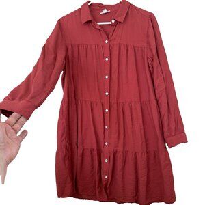 J Jill Terracotta Tiered Midi Shirt Dress Sz MP Button Front Ruffled Cottagecore